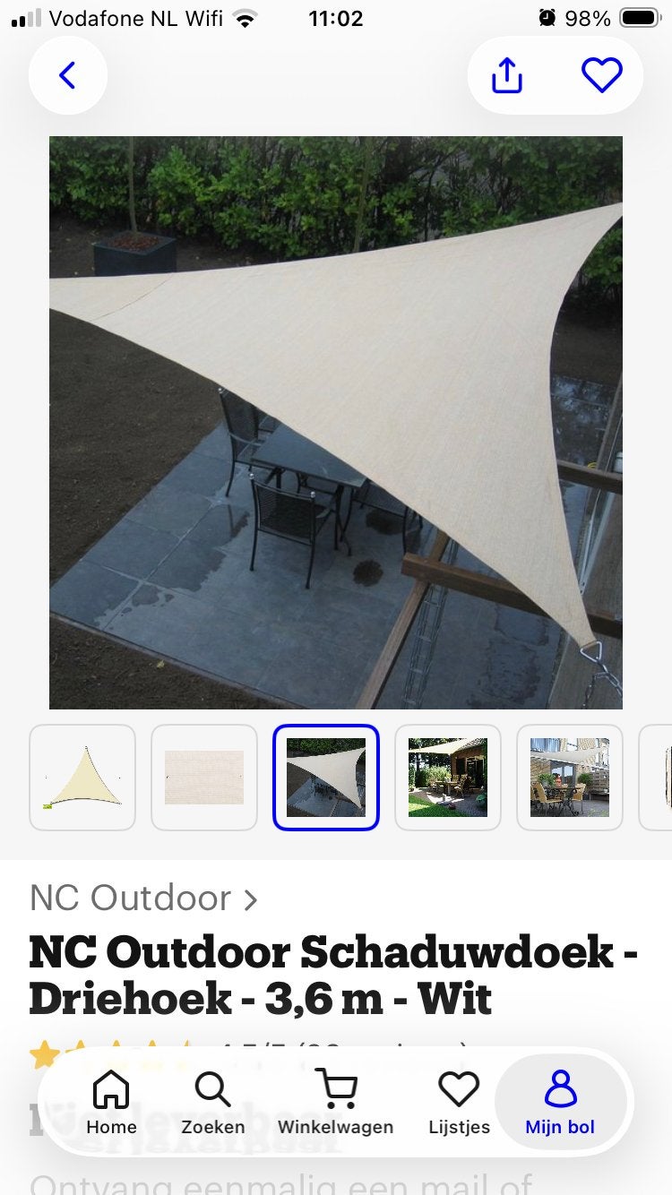 NC Outdoor Schaduwdoek - Driehoek - 3,6 m - Wit, Ophalen, Zo goed als nieuw