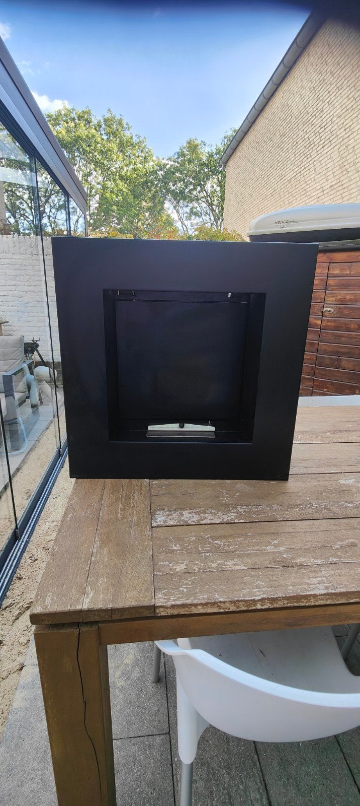 Sfeerhaard bio-ethanol met achterplaat 60x60x17 cm, Huis en Inrichting, Ophalen, Gebruikt, Hangende haard, Overige soorten