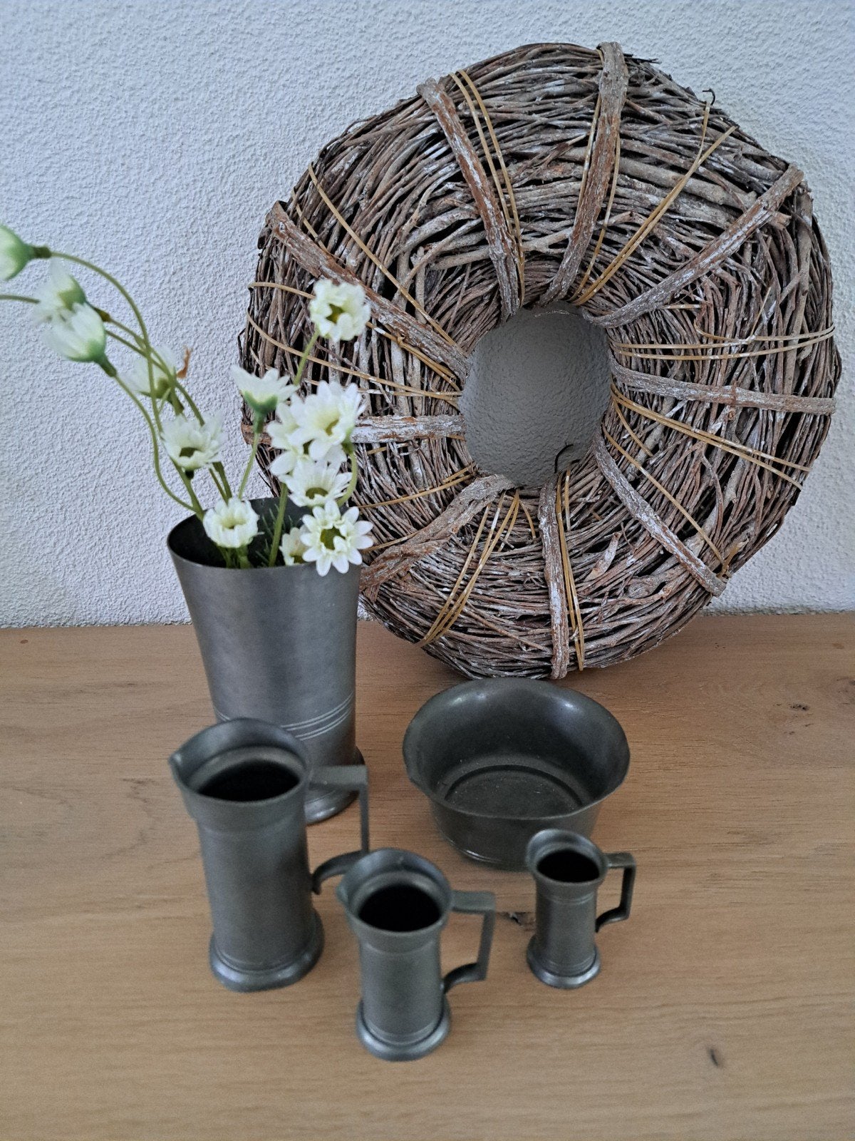 Set 5 diverse vintage tinnen maatbekers en schenkkannetjes, Antiek en Kunst, Ophalen of Verzenden