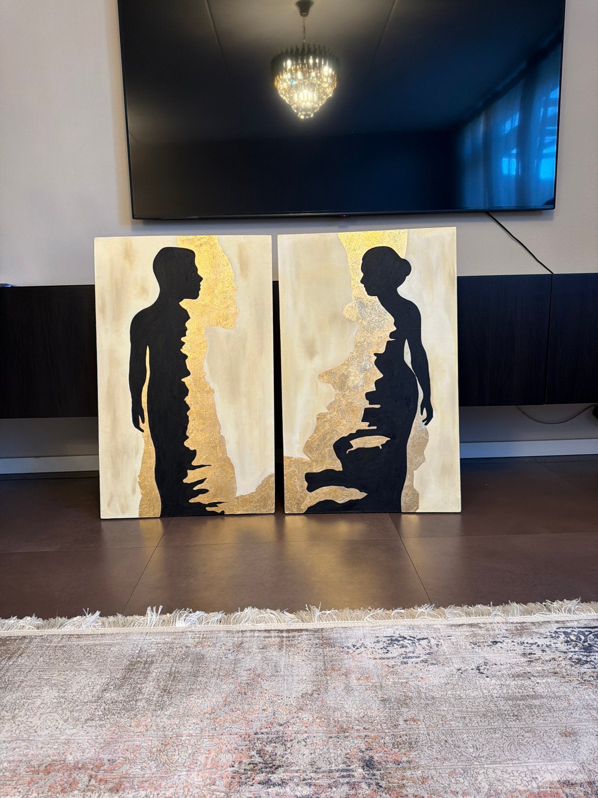 Abstract schilderij met bladgoud - 50x80 cm, Abstract, Met textuur, Ophalen of Verzenden, Gemengde techniek