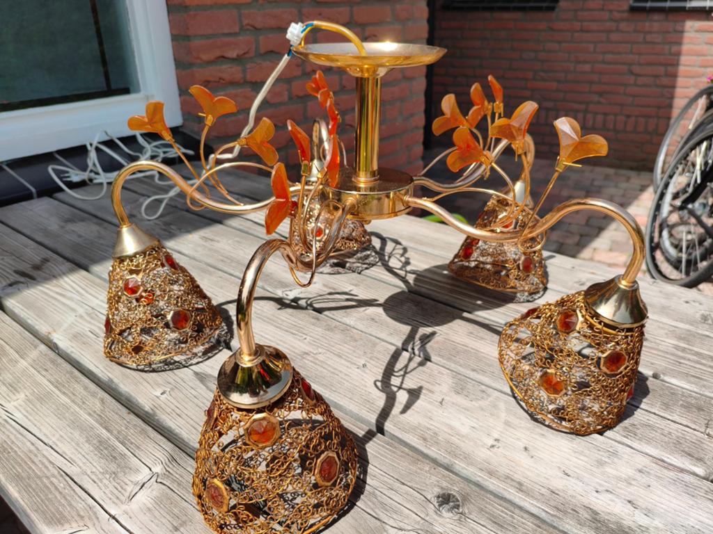 Vintage Kroonluchter met Amberkleurige Details, Ophalen, Gebruikt, Glas, Vintage, Klassiek, Bohemian