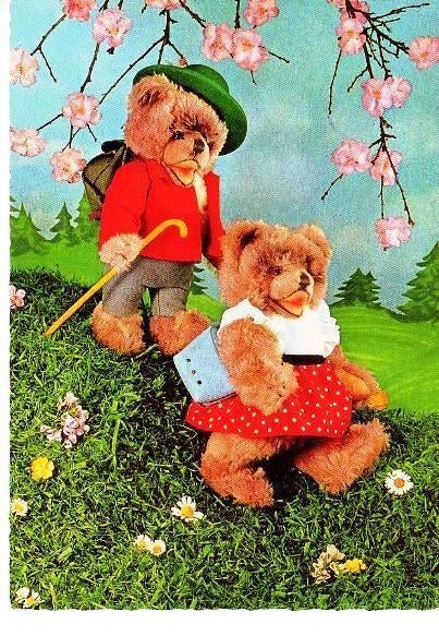 Ansichtkaart	Beren	aan de wandel		(Steiff beren), Verzenden, 1960 tot 1980, Ongelopen, Overige thema's