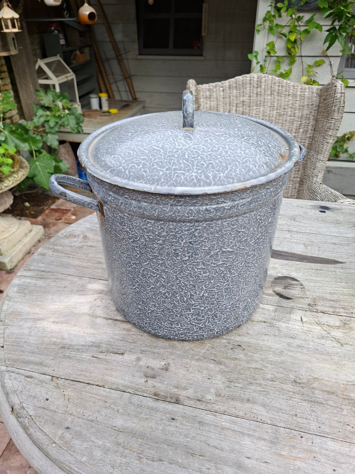 Vintage geëmailleerde pot met deksel - grijs gespikkeld, Ophalen of Verzenden