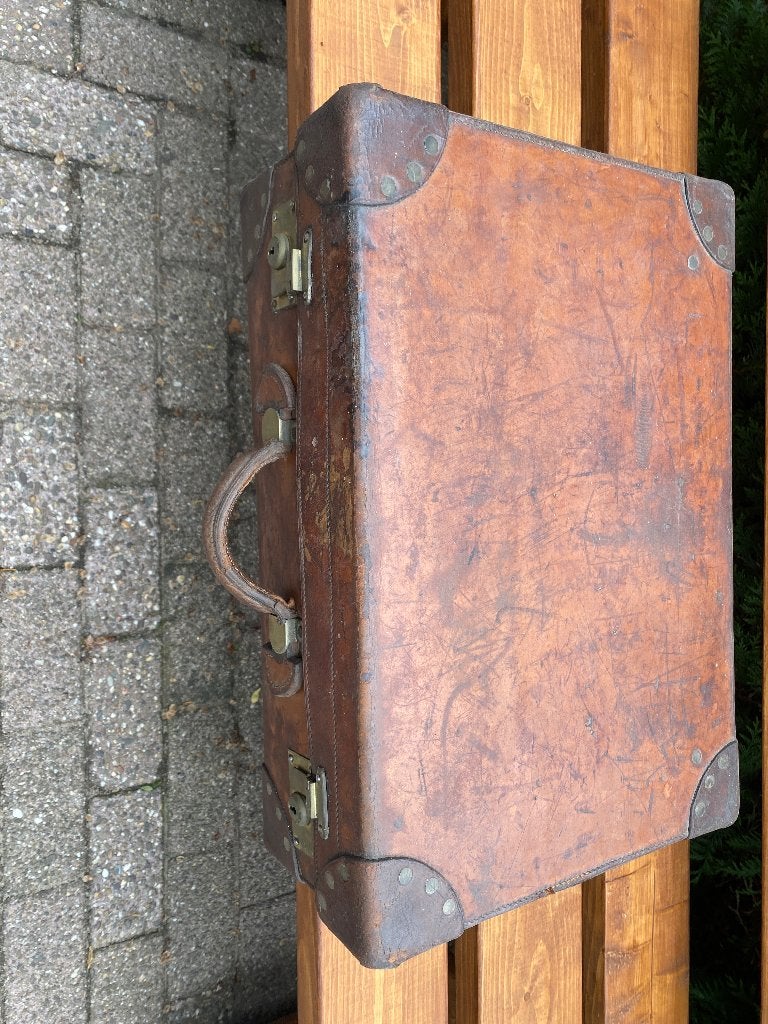 Antiek leren koffer, Sieraden, Tassen en Uiterlijk, Koffers, Ophalen, Gebruikt, 45 tot 55 cm, Slot