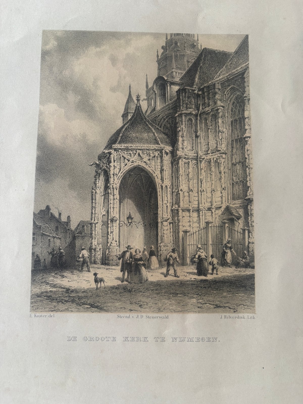 Lithografie 'De Groote Kerk te Nijmegen' door J. Hilverdink, 1800 - 1899, Met tekst, Architectuur, Ophalen of Verzenden