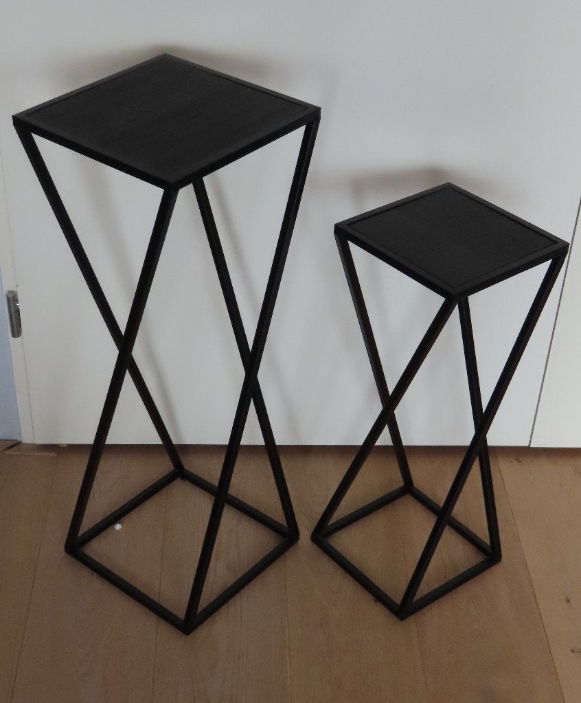Set van 2 zwarte planten standaards tafels zuil metaal/hout, Ophalen, Vierkant, Nieuw, Binnen