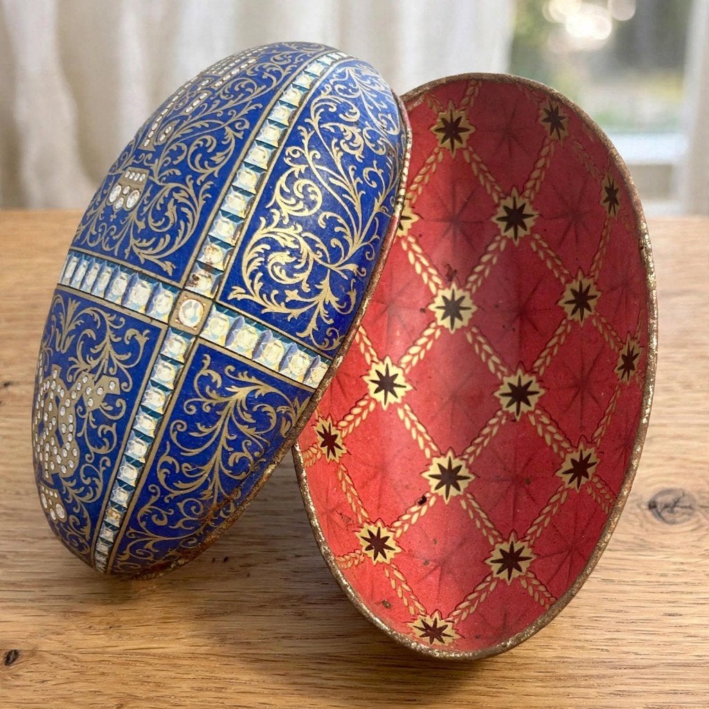 Antiek Blikken Paasei Fabergé Stijl Alexander III - 11 cm, Ophalen of Verzenden