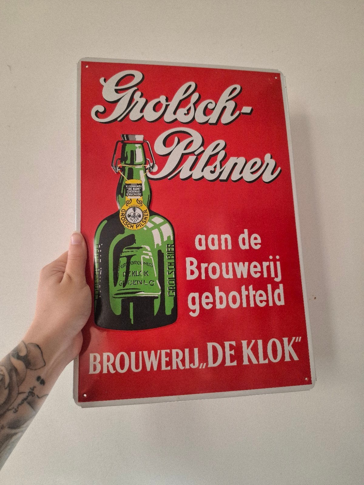 retro Grolsch reclame wandbord, 26 cm, Gebruikt, Metaal, 40 cm