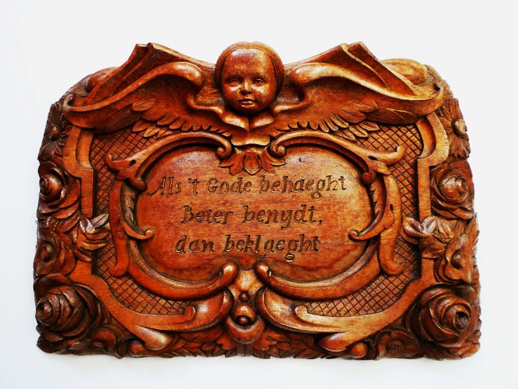 Groot houtgesneden gevel ornament engel spreuk Als 't Gode.., Houtsnijwerk, Handgemaakt, Hout, Bruin