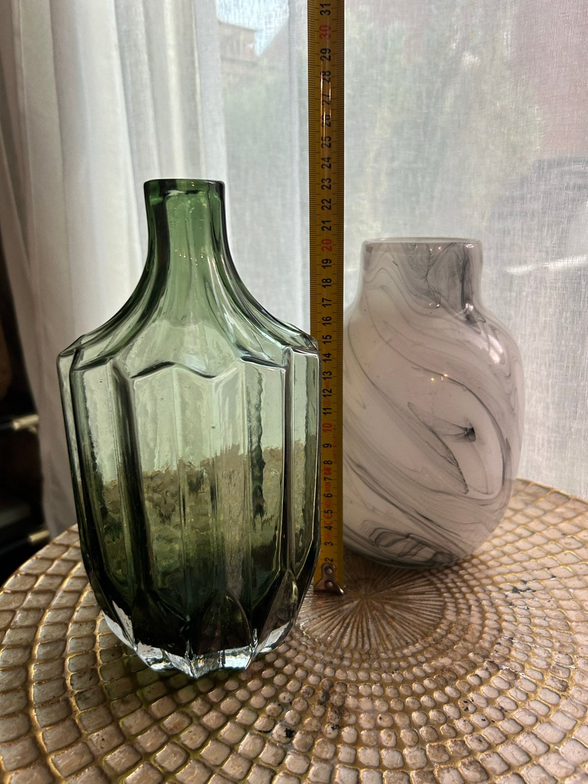 Set van 2 decoratieve vazen: Groen glas en Marmerlook, Ophalen, Met patroon/structuur, Groen, Glas