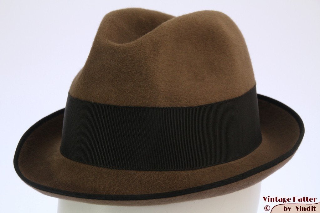 Vintage Gleufhoed Trilby Lembert beige grijs vilt 54 = XS, Hoed, Lembert, Ophalen of Verzenden, 57 cm (M, 7⅛ inch) of minder