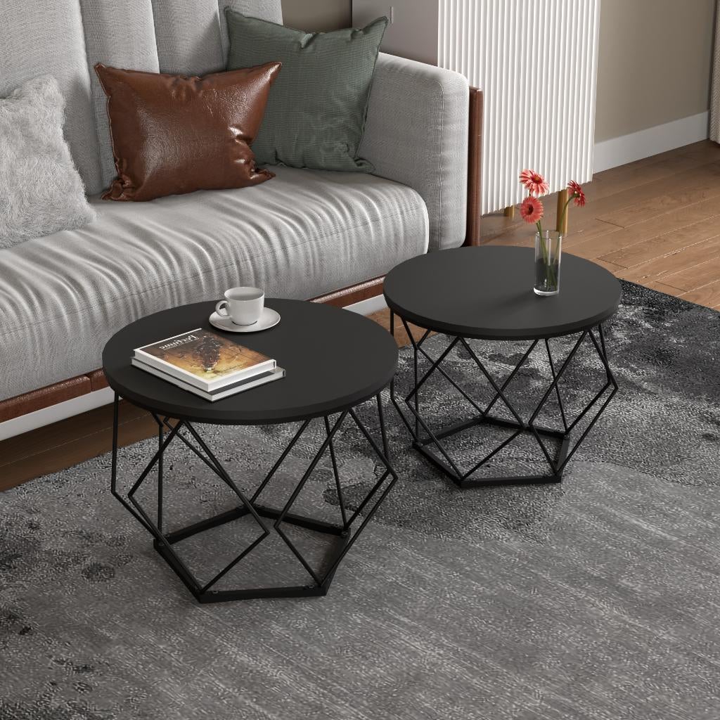 Bijzettafel set van 2 volledig zwart, Overige materialen, Minder dan 55 cm, Rond, Nieuw