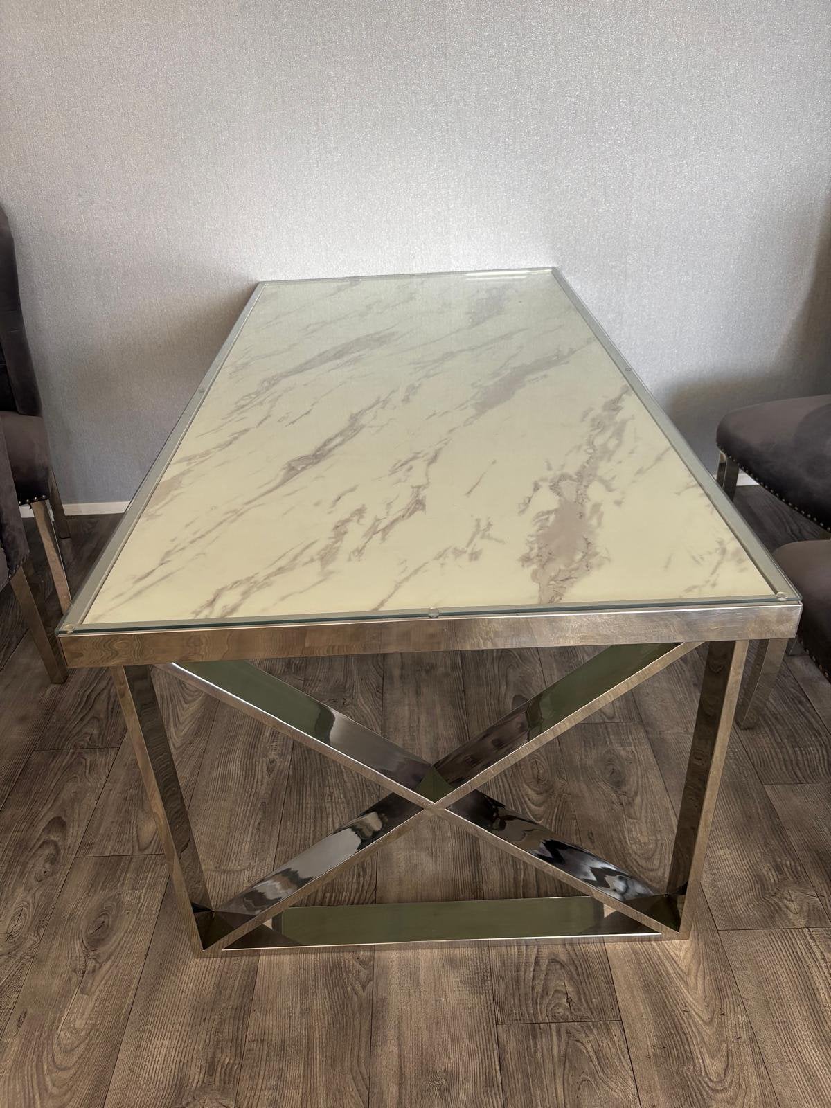 Marmer eettafel met stoelen(met tafel glasplaat), Huis en Inrichting, Tafels | Eettafels, Ophalen, Zo goed als nieuw, Rechthoekig