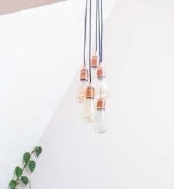 Hanglamp cluster met 5 koper kleurige fittingen en 4 lampen, Huis en Inrichting, Ophalen of Verzenden, Gebruikt, Metaal, E27 (groot)