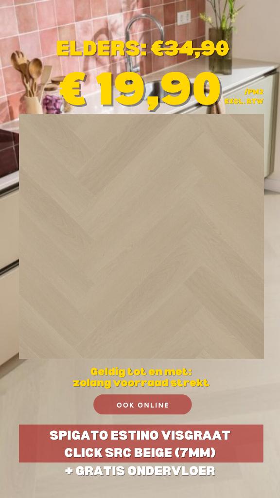 PVC CLICK VISGRAAT & DRYBACK HONGAARSE PUNT l OP=OP l €19,90, Parket, Crème, 75 m² of meer, Nieuw