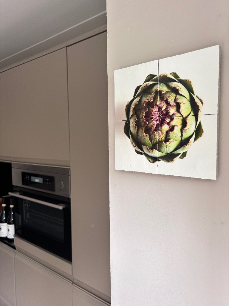 Artisjok op 4 tegels, vierluik, Minder dan 50 cm, Ophalen of Verzenden, Zo goed als nieuw, Schilderij