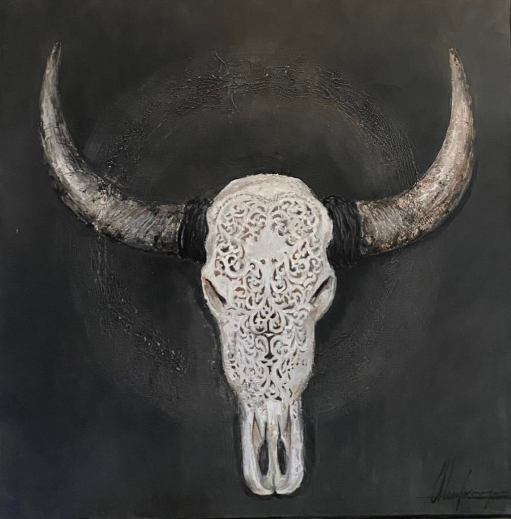 Schilderij koeienschedel 90/90cm, Ophalen of Verzenden, Zo goed als nieuw
