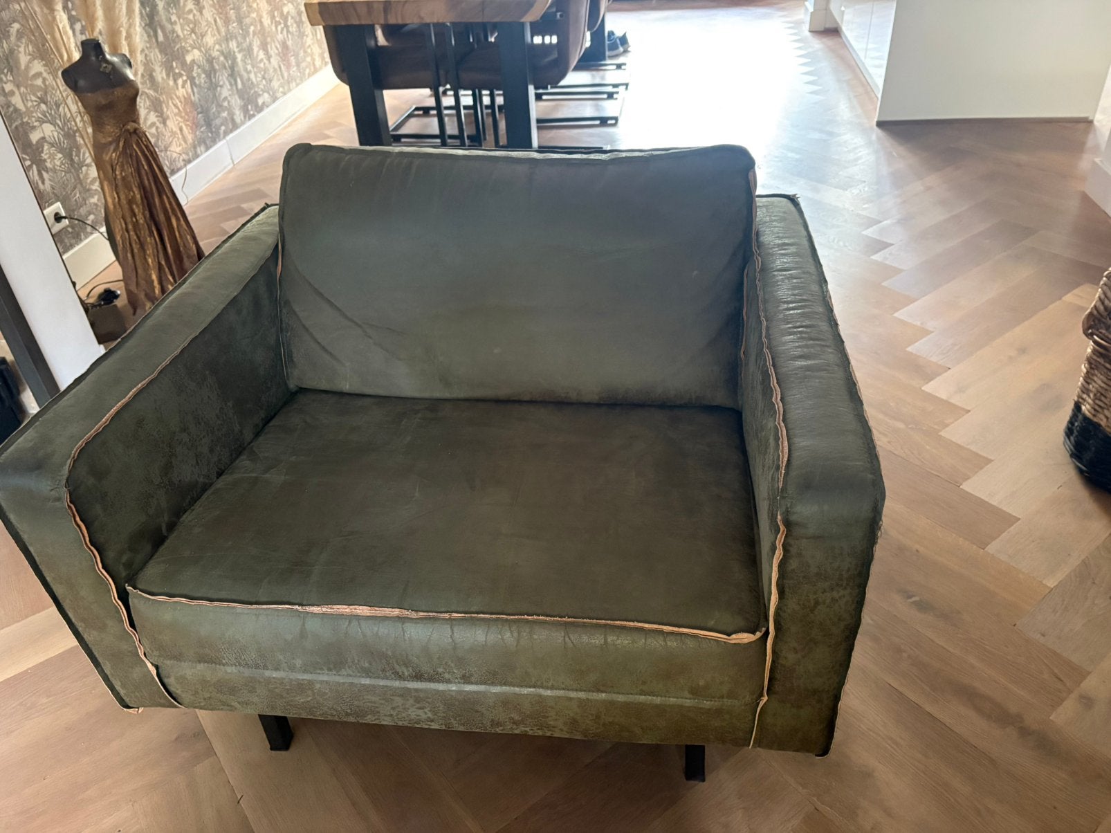 Be Pure Groene leren loveseat, Huis en Inrichting, Fauteuils, Ophalen, Gebruikt, 100 tot 125 cm, Leer