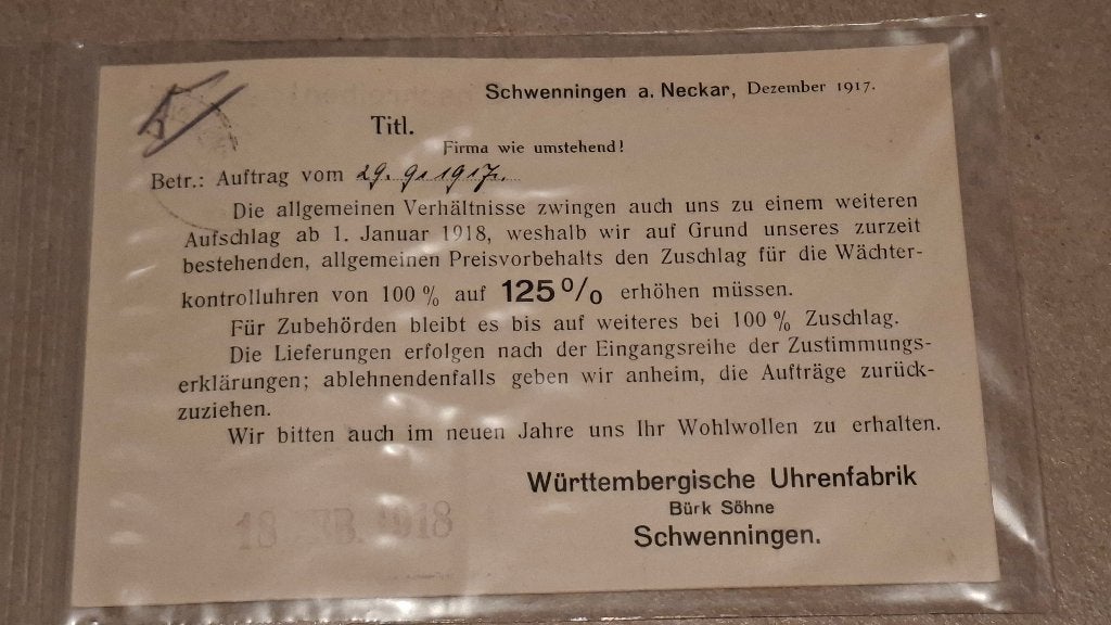Bürk Nachtwakersklok / Wachteruhr Preiszuschlagkarte 1918, Ophalen of Verzenden