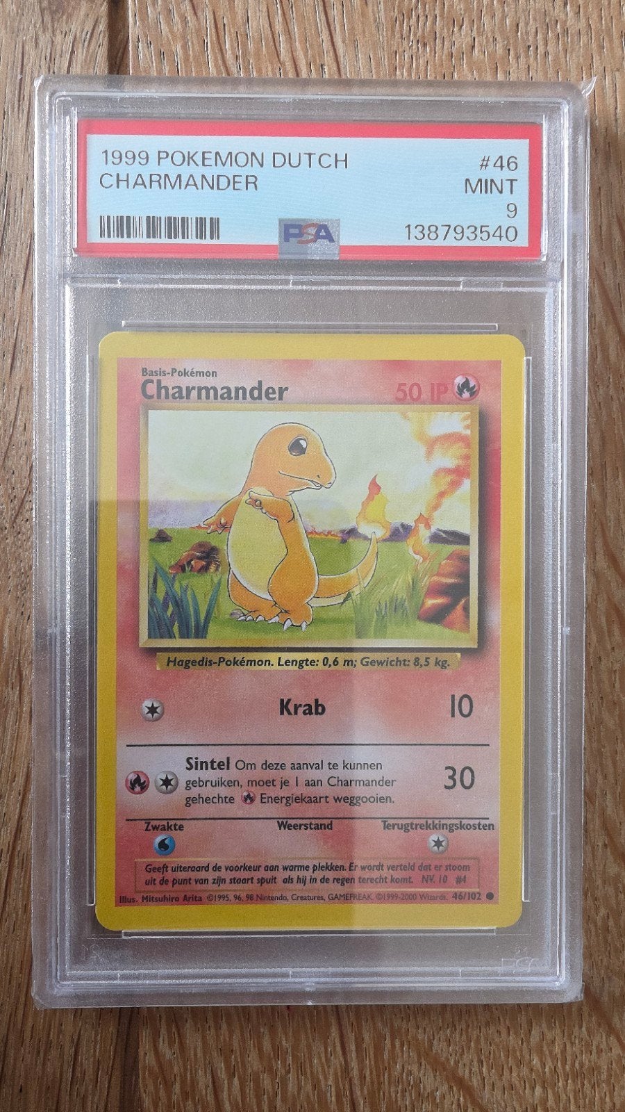 1999 Pokémon Dutch Charmander PSA 9 Mint, Ophalen of Verzenden, Zo goed als nieuw, Losse kaart