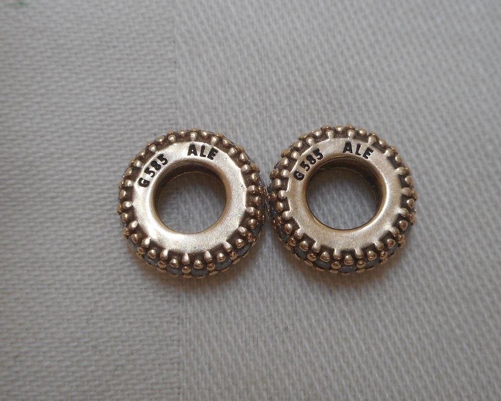 Pandora 14 kt gouden set 2 spacers met zirkonia nr.1776, Verzenden, Pandora, Zo goed als nieuw, 2 of 3 bedels