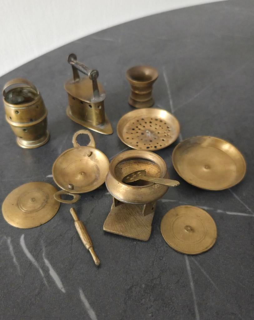 Antiek Koperen Miniatuur Keukengerei Set, Ophalen of Verzenden
