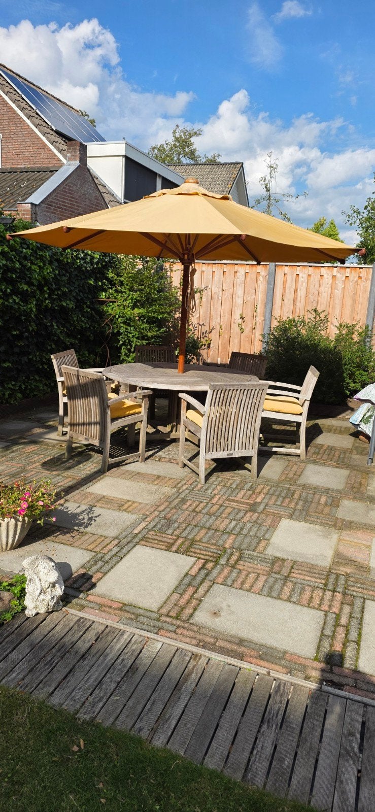 Hardhouten tuinset met ronde tafel (160cm) en kussens, Ophalen, Gebruikt, Hardhout, 6 zitplaatsen