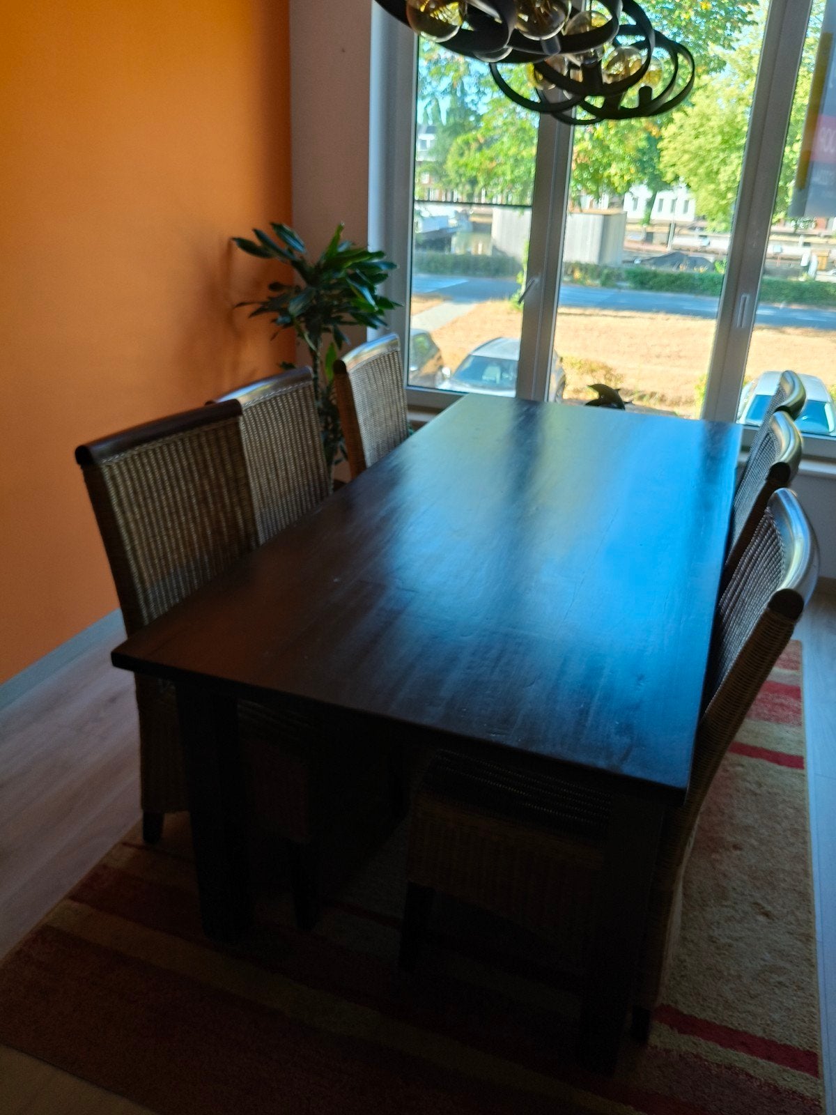 teak houten tafel met 6 stoelen, Huis en Inrichting, Ophalen, Gebruikt, Rechthoekig, 50 tot 100 cm