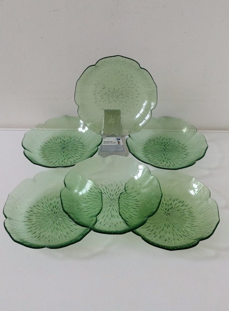 6 vintage Arcoroc Lotus diep borden groen glas 70 jaren, Eu, Overige merken, Eu, Vintage