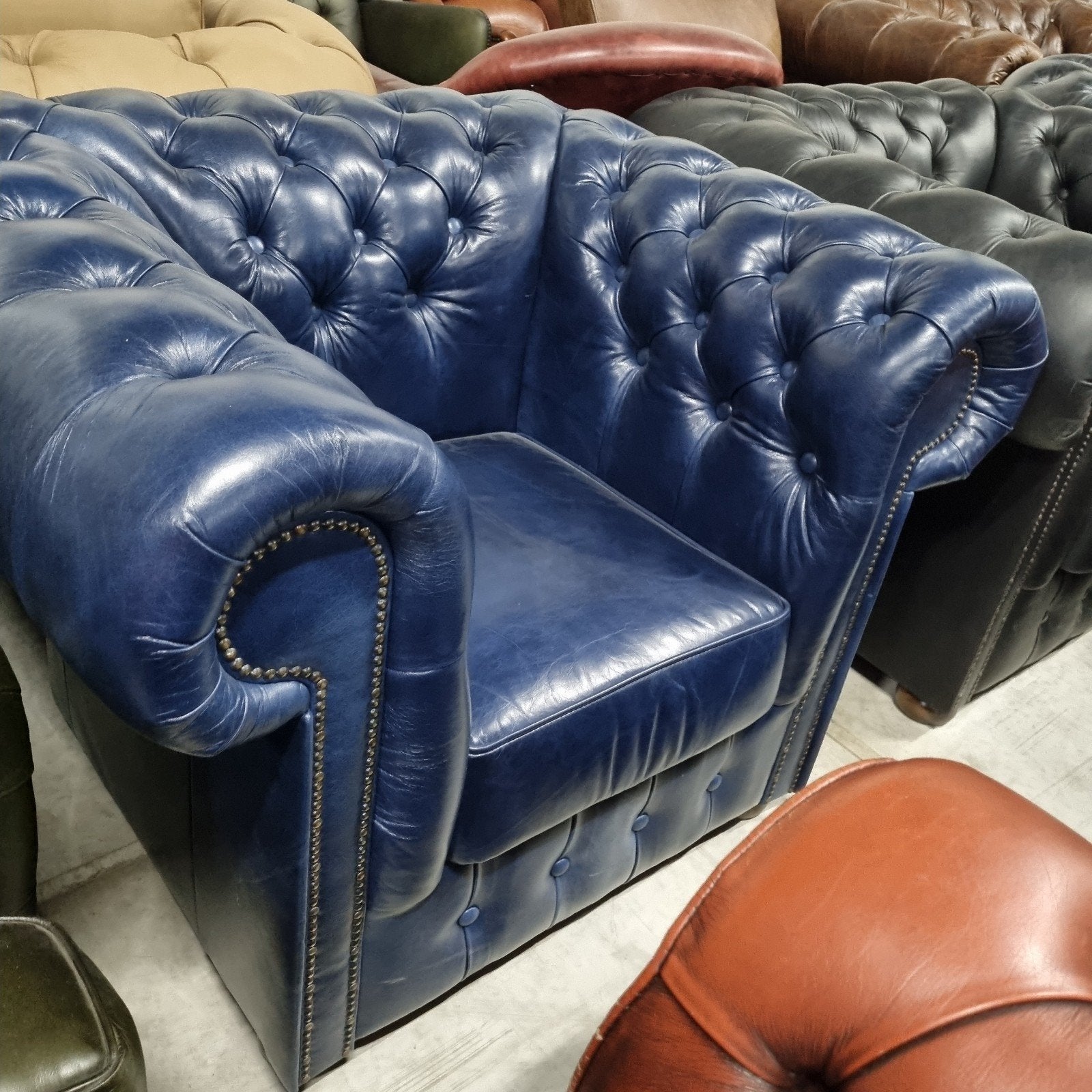 Chesterfield club fauteuil vintage blauw leer + BEZORGING, Gebruikt, ., Chesterfield, Ophalen of Verzenden