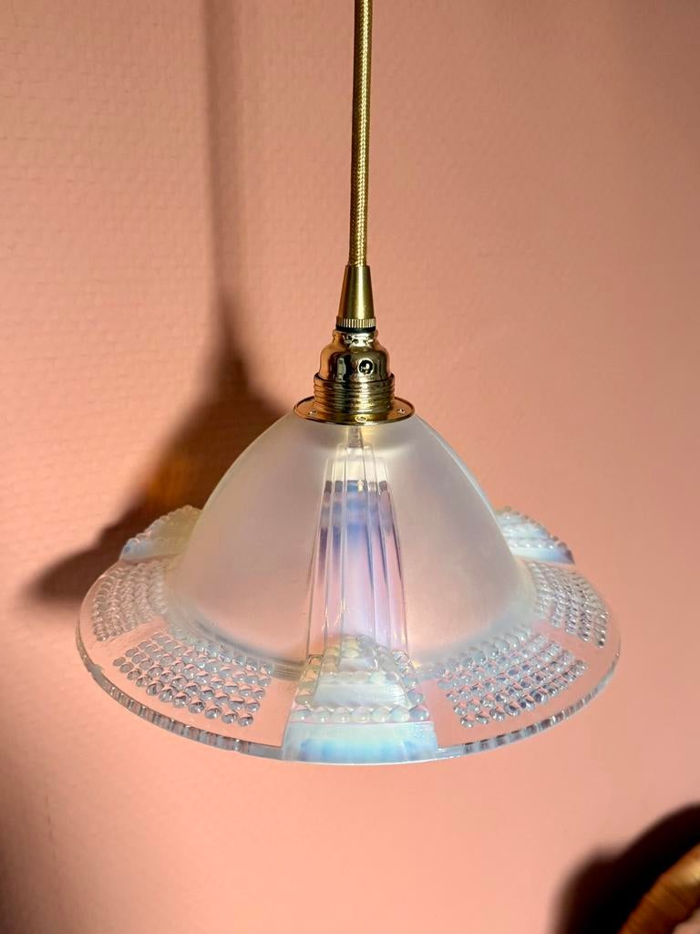 Vintage Art Deco holophane lamp, Huis en Inrichting, Lampen | Hanglampen, Ophalen of Verzenden, Zo goed als nieuw, Glas, Minder dan 50 cm