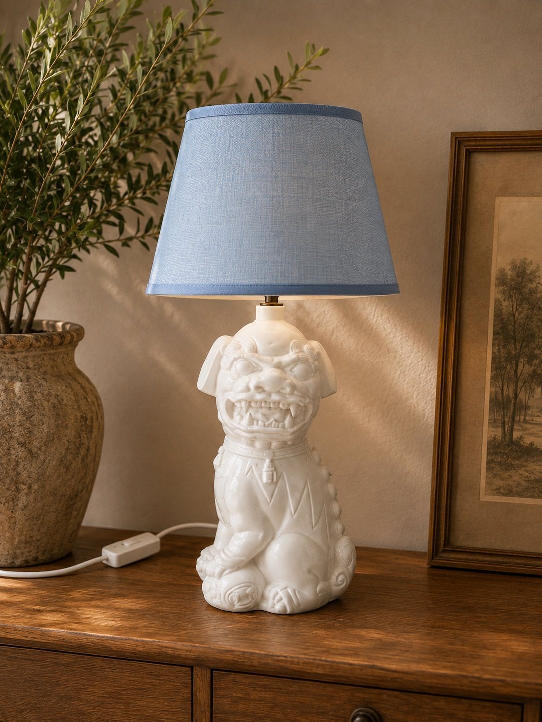 Deknudt Foo Dog Vintage lampvoet tafellamp Hollywood Regency, Wit, Ophalen of Verzenden, Zo goed als nieuw, Design