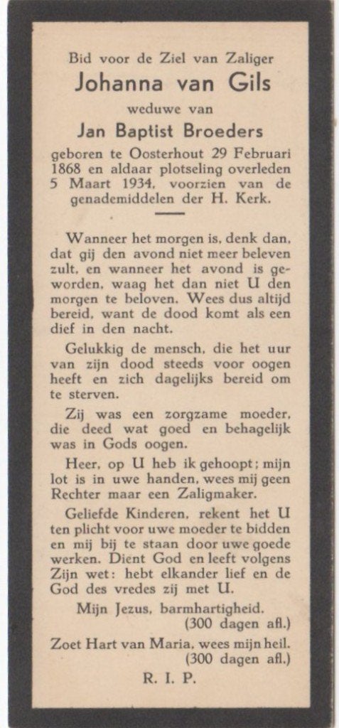 Johanna van Gils 1868 Oosterhout + 1934 Oosterhout, 66 jaar, Ophalen of Verzenden