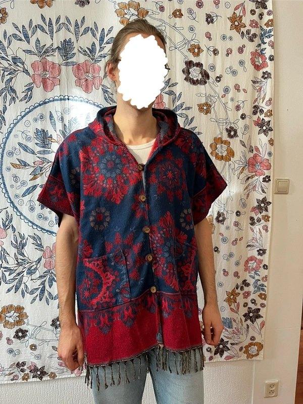 Handmade wool poncho from Mexico, Maat 52/54 (L), Handmade, Blauw, Ophalen of Verzenden