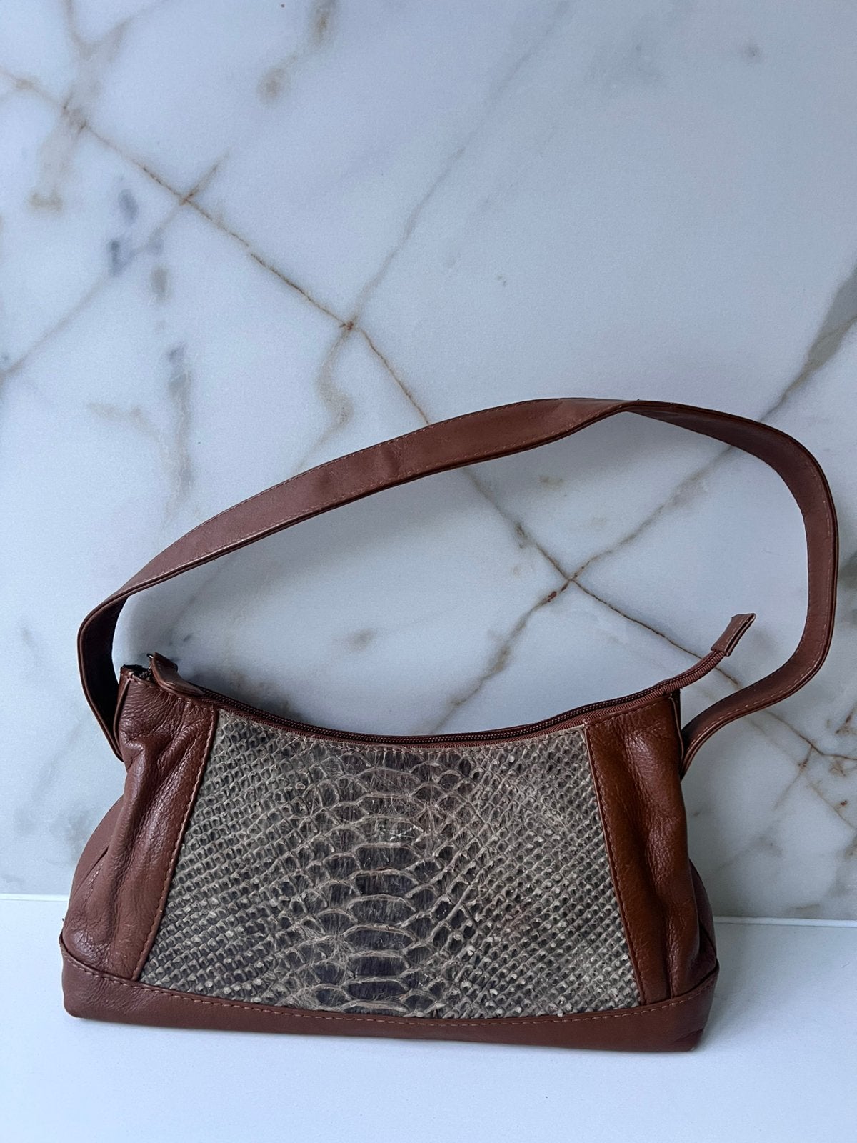 LIV VINTAGE ECHT LEREN SCHOUDERTAS BRUIN LEER CROCO TASJE, Ophalen of Verzenden, Zo goed als nieuw, Bruin, Schoudertasje