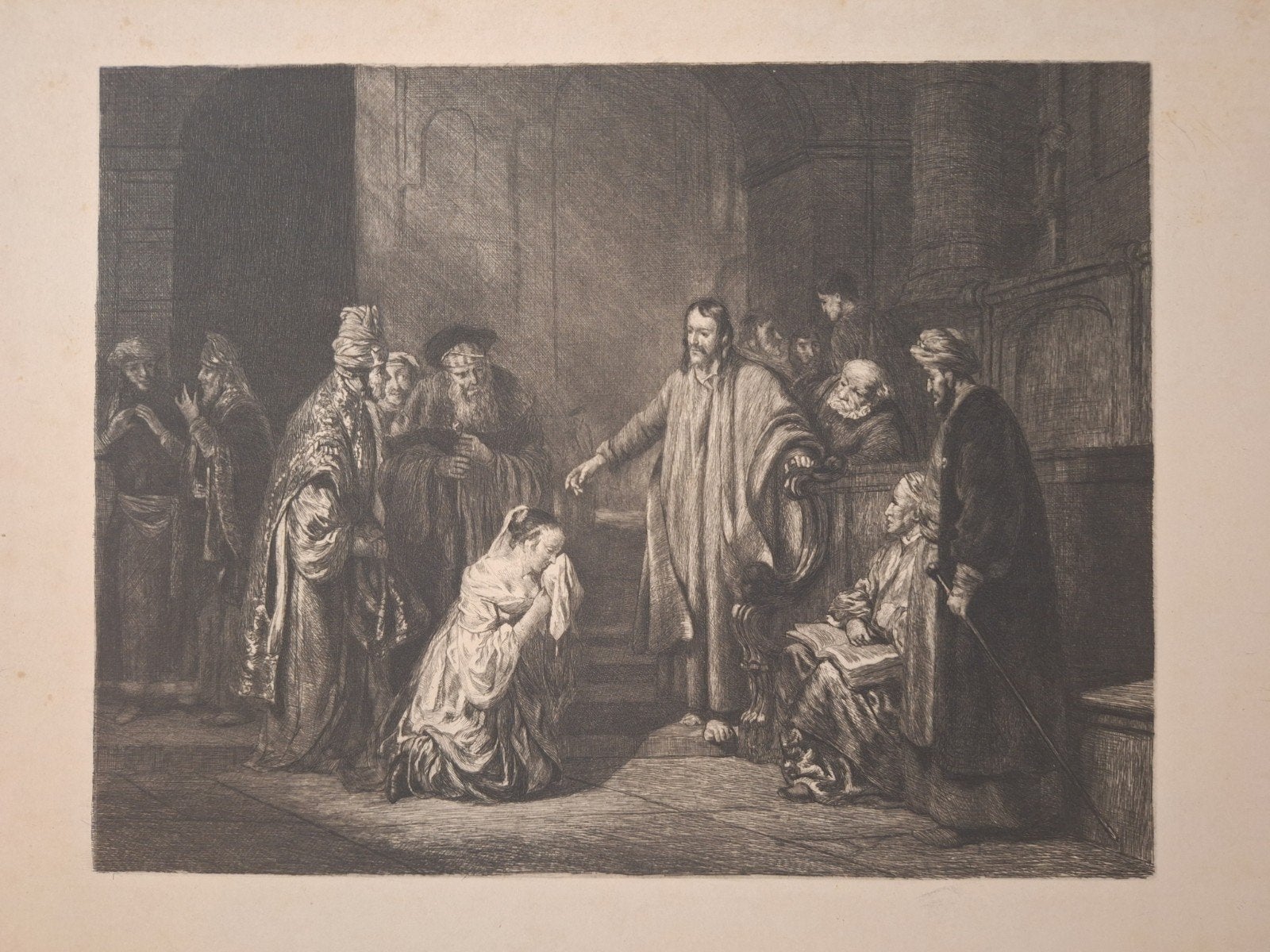 Antieke gravure naar Rembrandt - De Opwekking van Lazarus, Ophalen of Verzenden, Religie, Gravure, 1800 - 1899