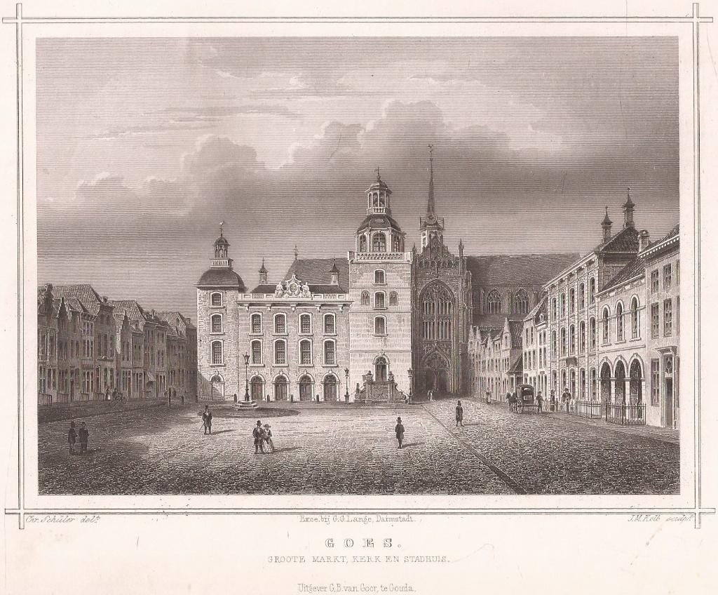 Goes. Groote Markt Kerk en Stadhuis Staalgravure Terwen 1858, Antiek en Kunst, Kunst | Etsen en Gravures, 1800 - 1899, Ophalen of Verzenden