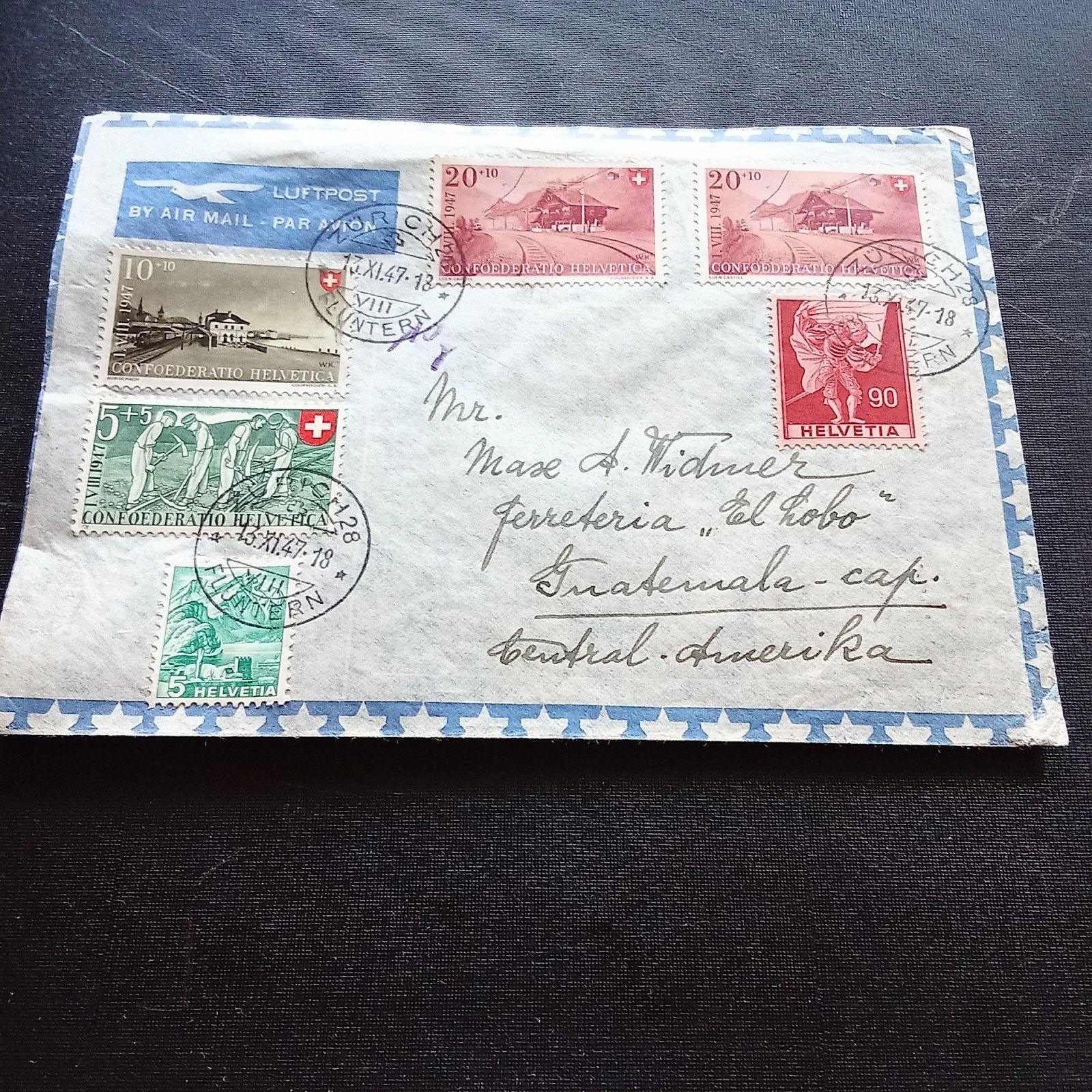 Zwitserse luchtpostbrief naar Guatemala, 1947, Postzegels en Munten, Brieven en Enveloppen | Buitenland, Ophalen of Verzenden