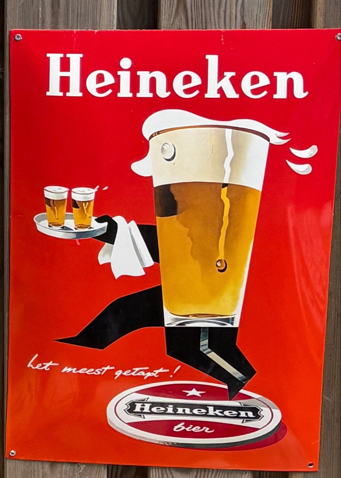 Vintage Heineken emaille reclamebord - 'Het meest getapt!', Ophalen, Gebruikt, Reclamebord