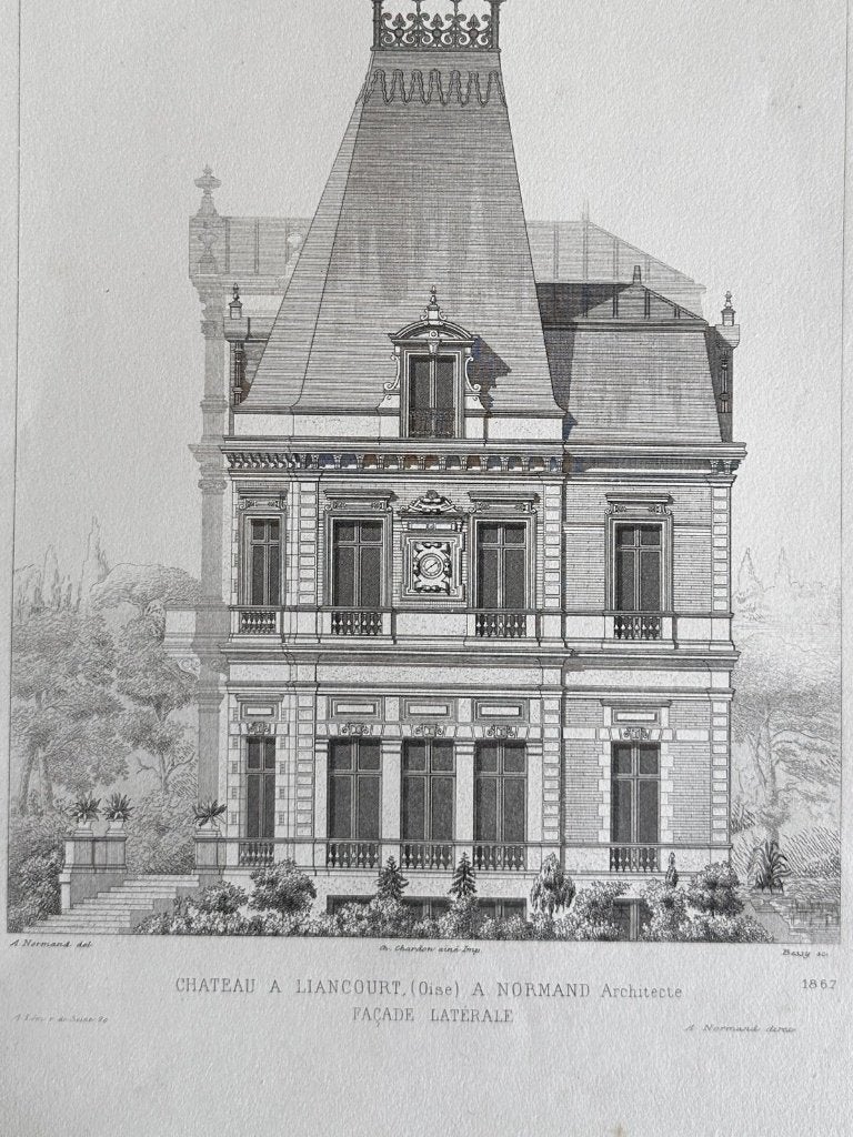 Antieke staalgravure - Print façade kasteel te Liancourt, Verzenden, Architectuur, Gravure, Blanco verso