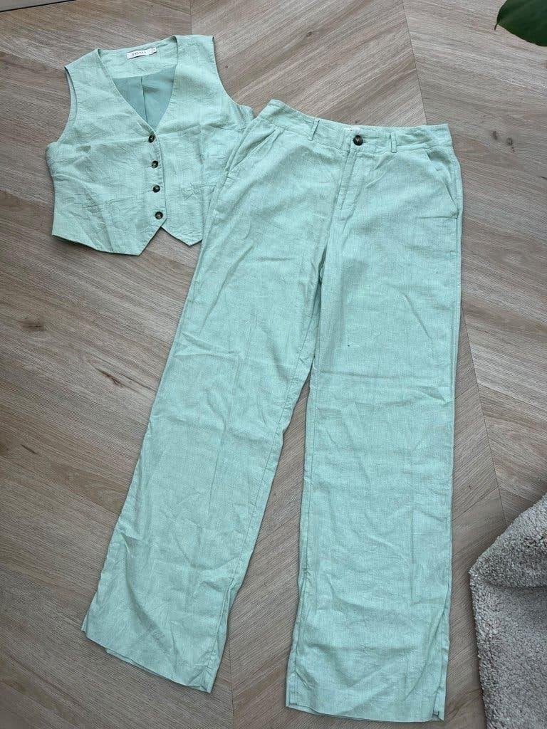 Costes Linnen Co-ord Set Mintgroen | Gilet S & Broek M, Maat 38/40 (M), Verzenden, Zo goed als nieuw, Costes