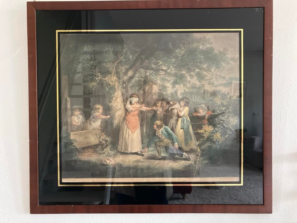 Antieke prent 'Blind Man's Buff' naar G. Morland (1788), Antiek en Kunst, Ophalen, Dagelijks leven, Met tekst, Gravure