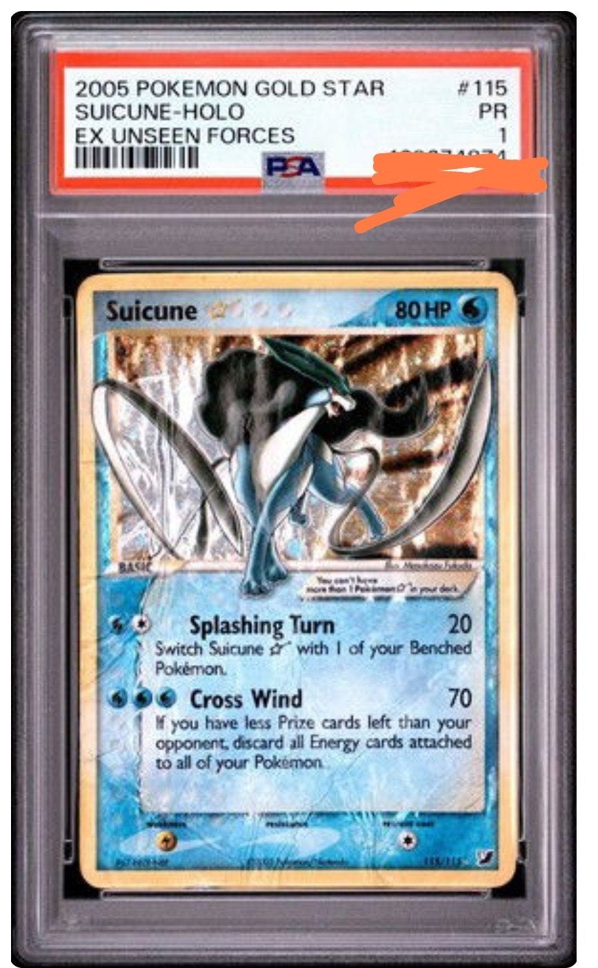 Suicune Gold Star Holo EX Unseen Forces PSA 1, Ophalen of Verzenden, Gebruikt, Losse kaart, Foil