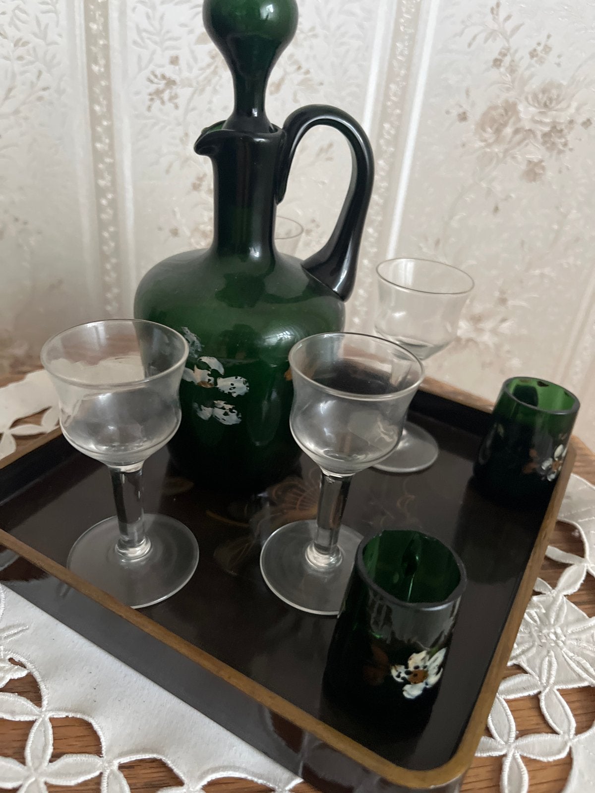 Vintage Groene Glazen Karaf met Glaasjes op Dienblad, Ophalen of Verzenden