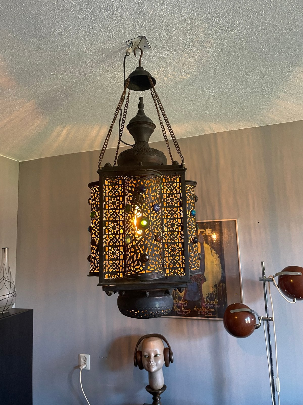 Prachtige Marokkaanse hanglamp met kleurrijke glazen, Ophalen