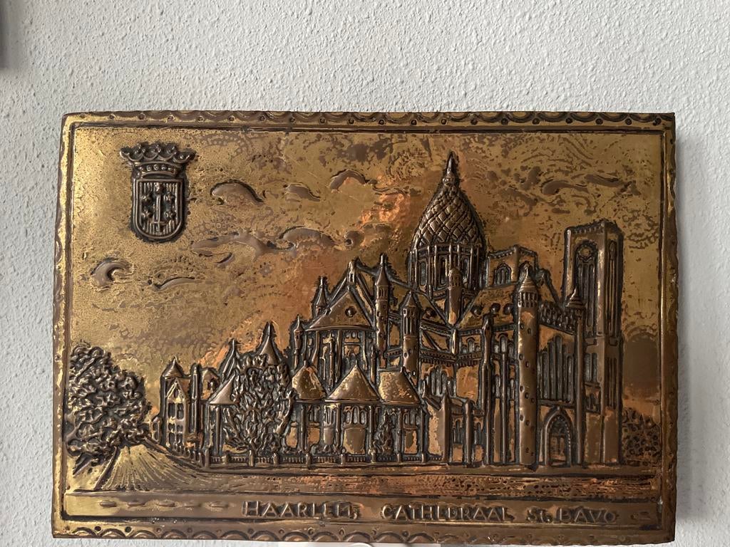 Koperen wandplaat St. Bavo Kathedraal Haarlem, Ophalen of Verzenden, Koper