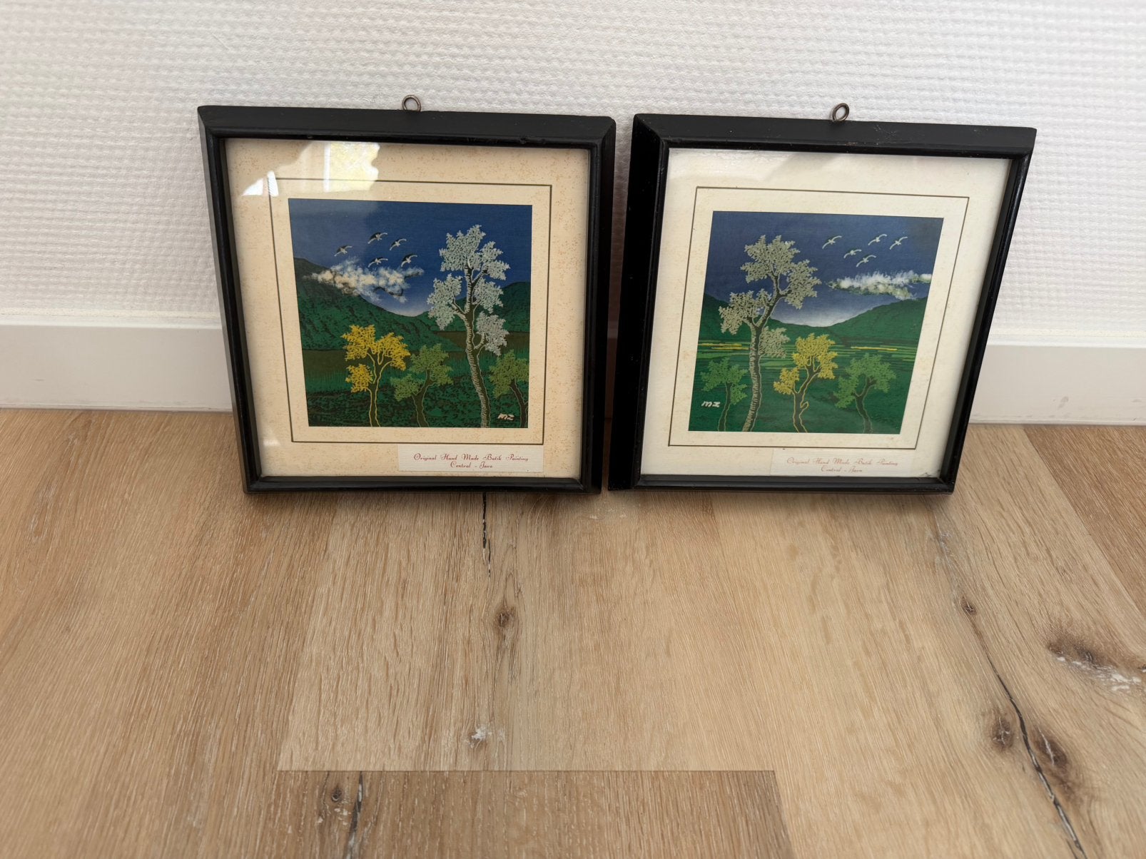 Set handgemaakte Batik Schilderijen uit Indonesië, 23 cm, Gebruikt, 23 cm, Groen
