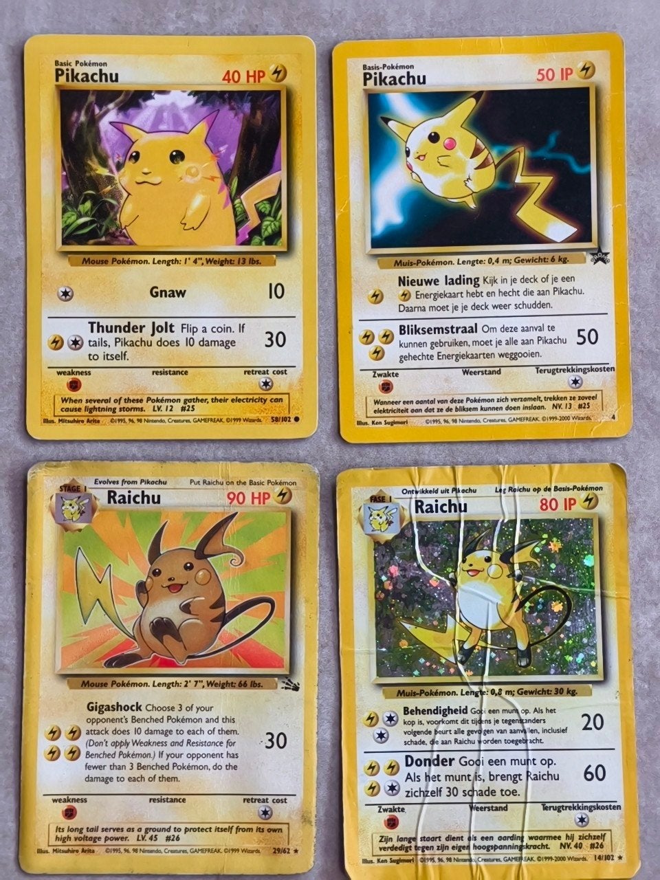 4x Pikachu & Raichu Pokémon kaarten 1999-2000 Holo Vintage, Ophalen of Verzenden, Gebruikt, Meerdere kaarten, Foil
