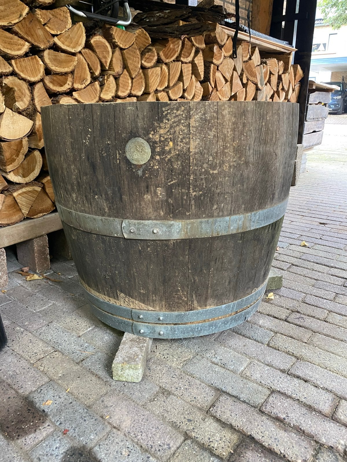 Oud origineel eiken wijnvat - 58 cm hoog, 68,5 cm breed, Tuin en Terras, Ophalen, Gebruikt