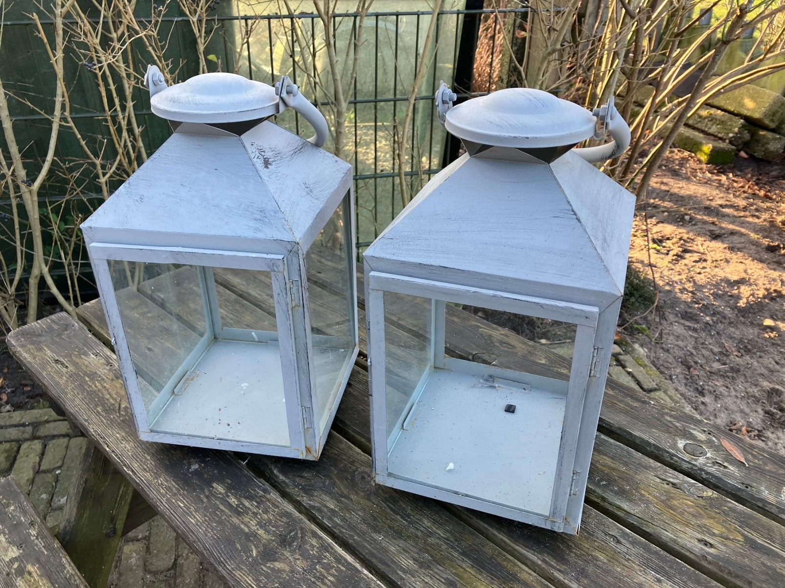 2 mooie grijze lantaarn windlicht, Ophalen, Windlicht, Gebruikt, Glas